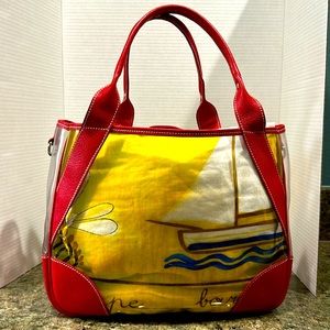 Prada Cinghiale red leather trimmed beach tote bag purse clear sailboat travel